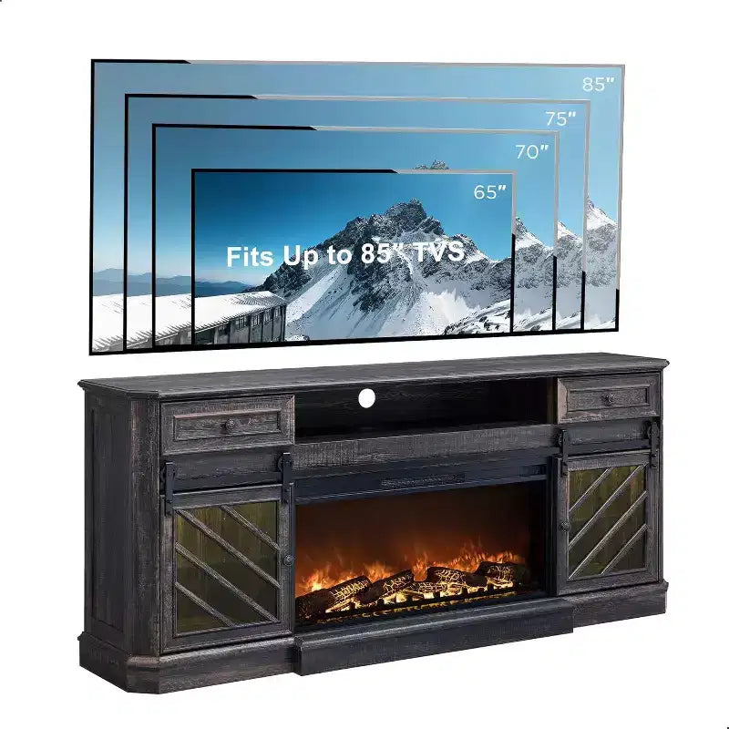 Mobile porta TV con caminetto da 75", centro multimediale con caminetto, telecomando, 7 tipi di fiamme 3D e luci a LED, 2 cassetti, porta scorrevole a fienile