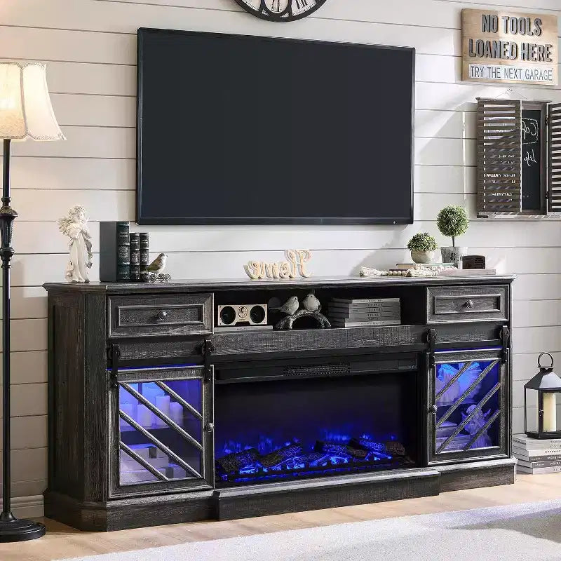Mobile porta TV con caminetto da 75", centro multimediale con caminetto, telecomando, 7 tipi di fiamme 3D e luci a LED, 2 cassetti, porta scorrevole a fienile