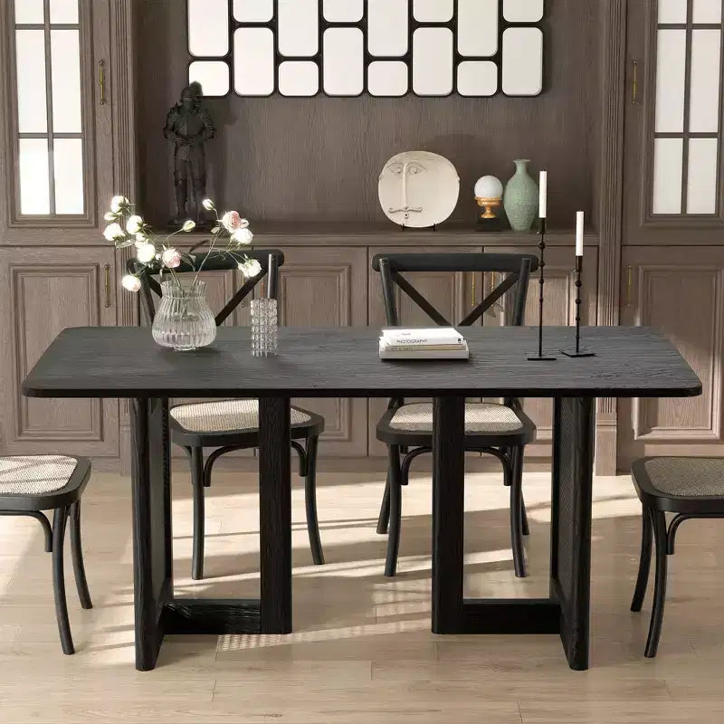 Tavolo da pranzo da cucina in stile rustico 67 x 33,5, tavolo quadrato nero con gambe in rattan intrecciato per cucina, bar, soggiorno