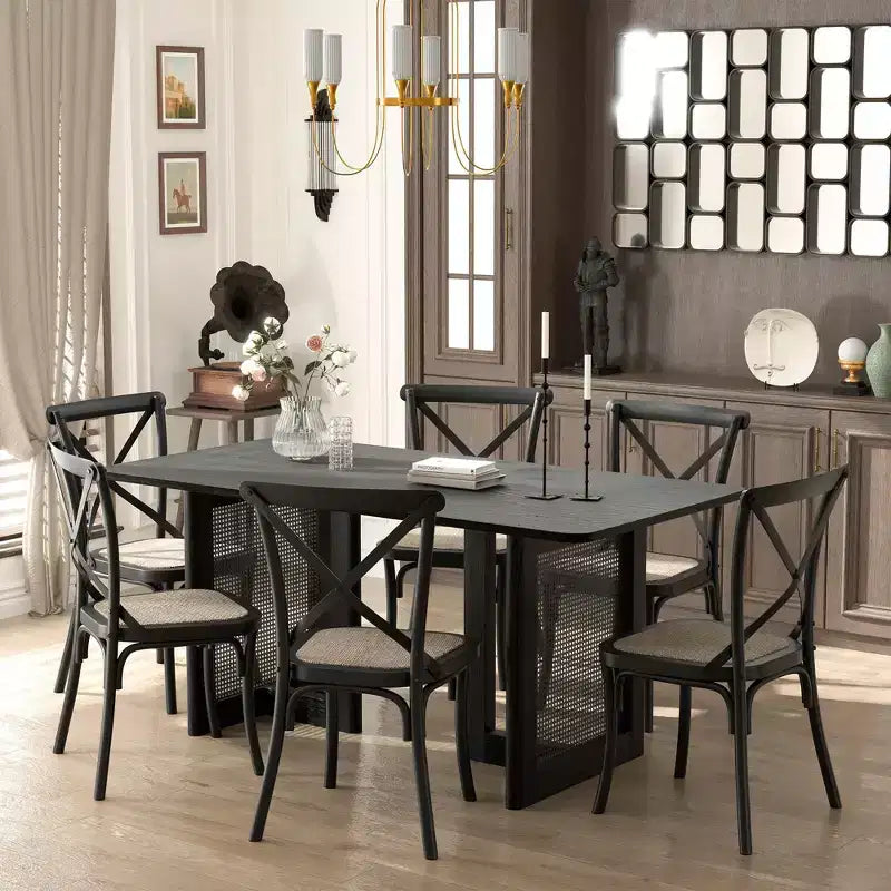 Tavolo da pranzo da cucina in stile rustico 67 x 33,5, tavolo quadrato nero con gambe in rattan intrecciato per cucina, bar, soggiorno
