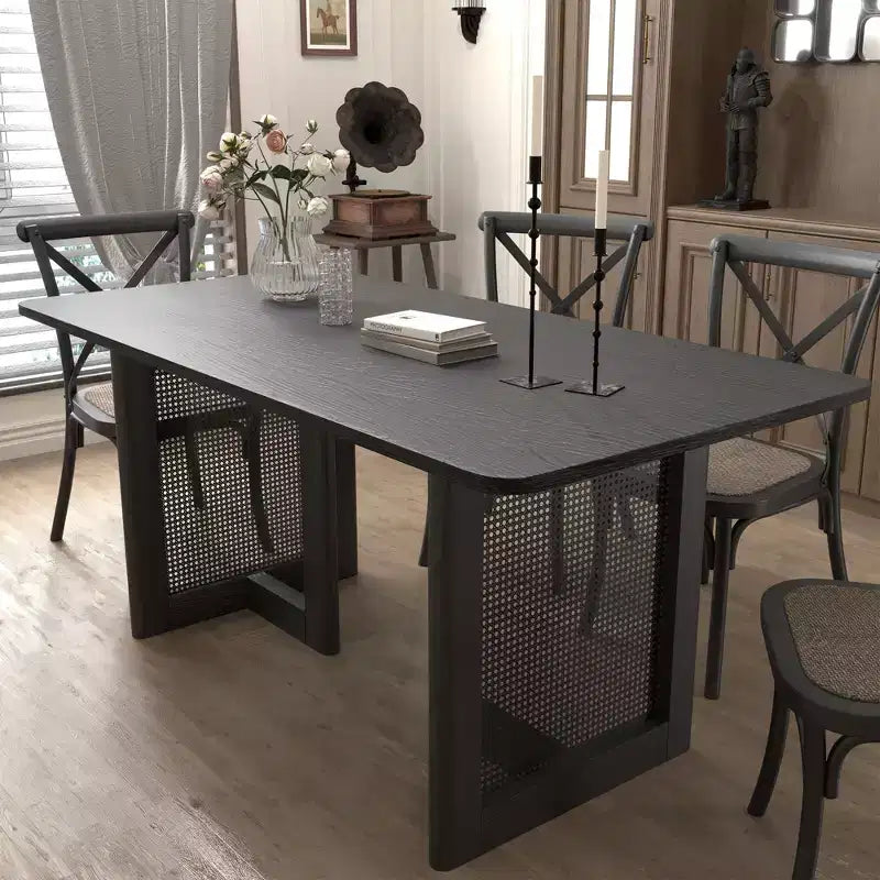 Tavolo da pranzo da cucina in stile rustico 67 x 33,5, tavolo quadrato nero con gambe in rattan intrecciato per cucina, bar, soggiorno