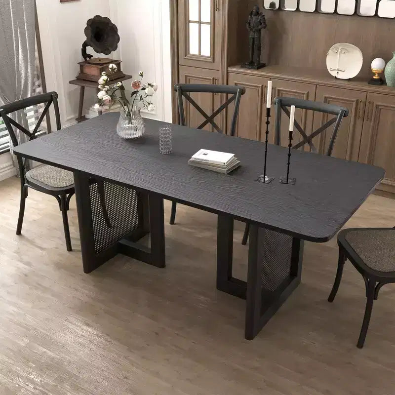 Tavolo da pranzo da cucina in stile rustico 67 x 33,5, tavolo quadrato nero con gambe in rattan intrecciato per cucina, bar, soggiorno