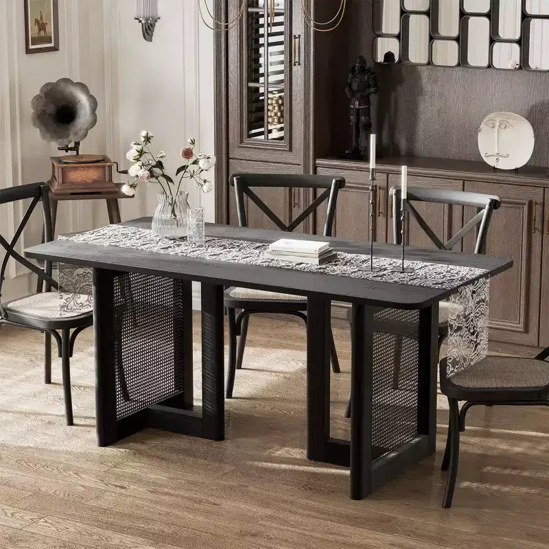 Tavolo da pranzo da cucina in stile rustico 67 x 33,5, tavolo quadrato nero con gambe in rattan intrecciato per cucina, bar, soggiorno