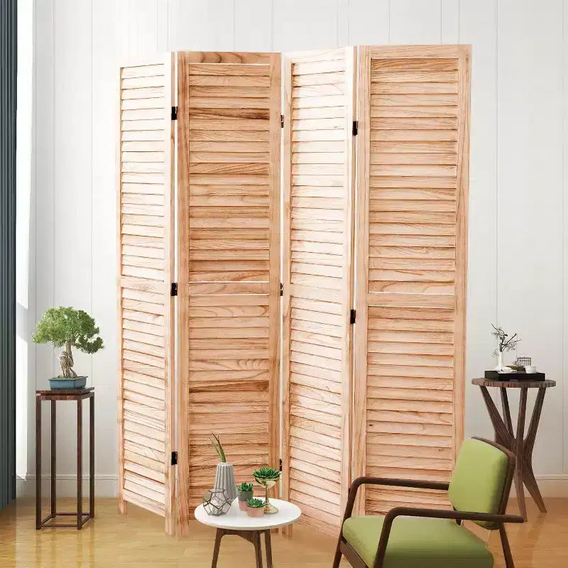 Divisorio a 4 pannelli in legno massello pieghevole, colore naturale, per casa e ufficio 140x165 cm