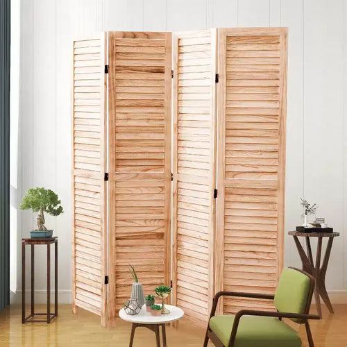 Divisorio a 4 pannelli in legno massello pieghevole, colore naturale, per casa e ufficio 140x165 cm