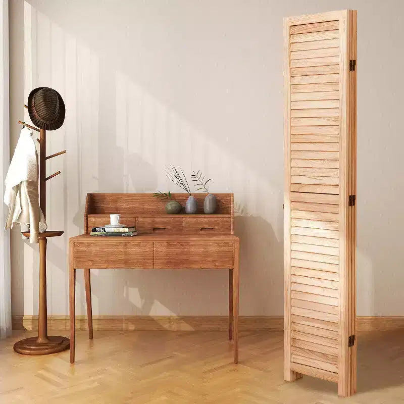 Divisorio a 4 pannelli in legno massello pieghevole, colore naturale, per casa e ufficio 140x165 cm