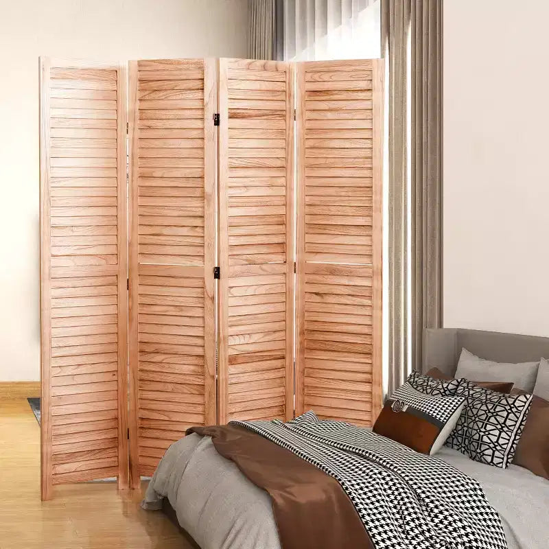 Divisorio a 4 pannelli in legno massello pieghevole, colore naturale, per casa e ufficio 140x165 cm