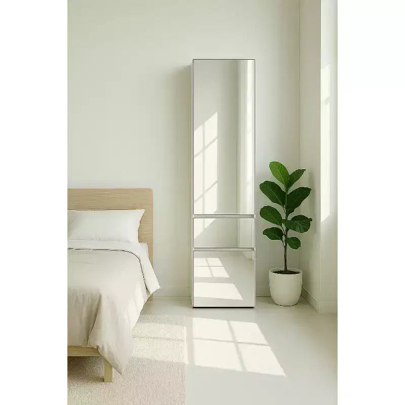 Armadio Guardaroba Modulare Sottile in Legno con Specchio, Colore Bianco