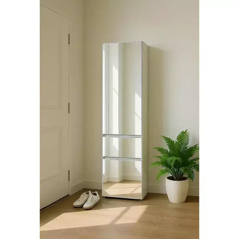 Armadio Guardaroba Modulare Sottile in Legno con Specchio, Colore Bianco