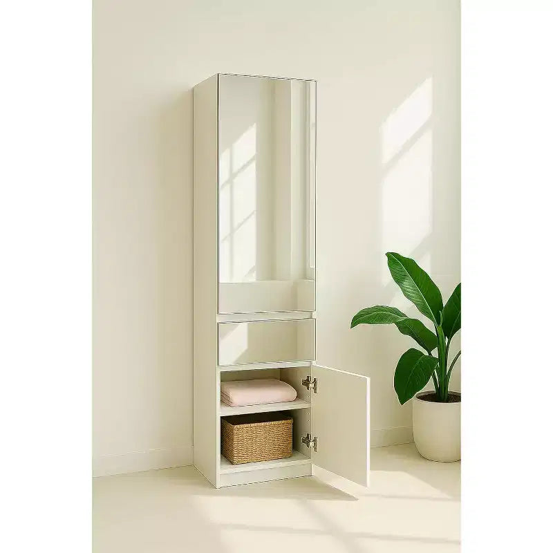 Armadio Guardaroba Modulare Sottile in Legno con Specchio, Colore Bianco