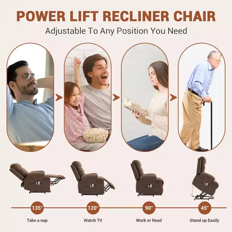Poltrona Reclinabile Elettrica con Funzione Power Lift, Massaggio e Riscaldamento, per Anziani, con Alzata Assistita, Portabicchieri e Tasca Laterale, per Soggiorno
