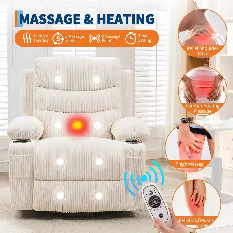 Poltrona Reclinabile Elettrica con Funzione Power Lift, Massaggio e Riscaldamento, per Anziani, con Alzata Assistita, Portabicchieri e Tasca Laterale, per Soggiorno