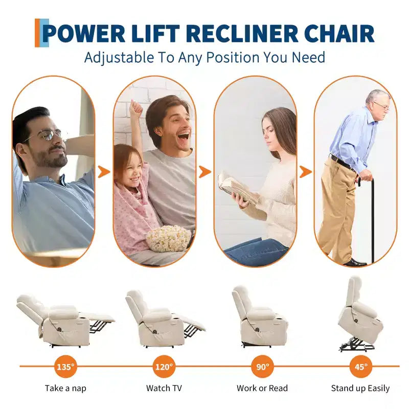 Poltrona Reclinabile Elettrica con Funzione Power Lift, Massaggio e Riscaldamento, per Anziani, con Alzata Assistita, Portabicchieri e Tasca Laterale, per Soggiorno