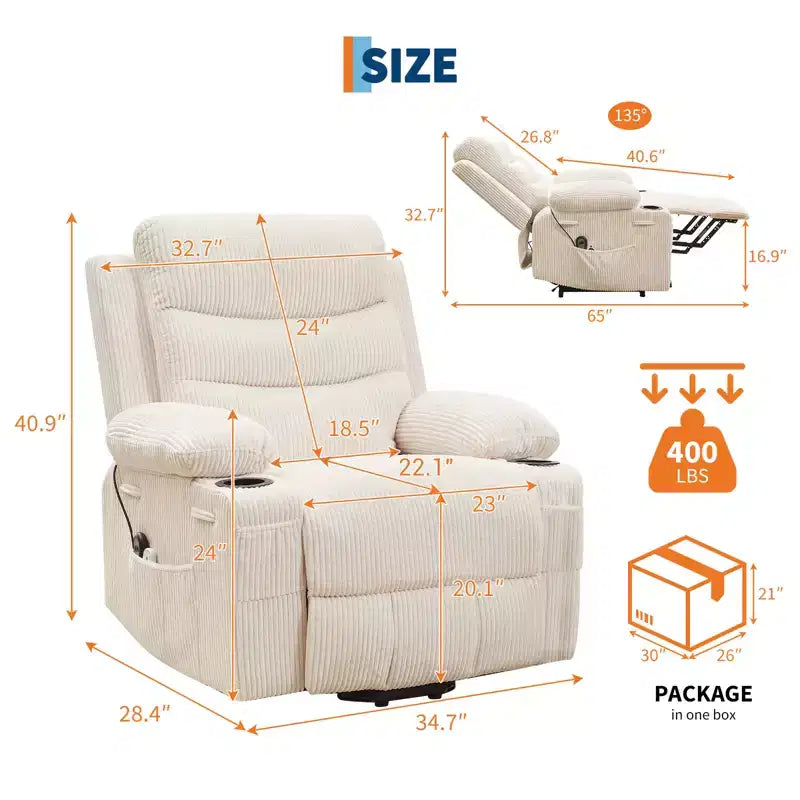 Poltrona Reclinabile Elettrica con Funzione Power Lift, Massaggio e Riscaldamento, per Anziani, con Alzata Assistita, Portabicchieri e Tasca Laterale, per Soggiorno