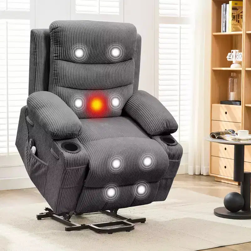 Poltrona Reclinabile Elettrica con Funzione Power Lift, Massaggio e Riscaldamento, per Anziani, con Alzata Assistita, Portabicchieri e Tasca Laterale, per Soggiorno