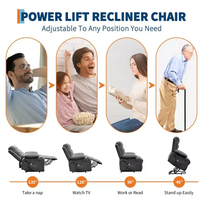 Poltrona Reclinabile Elettrica con Funzione Power Lift, Massaggio e Riscaldamento, per Anziani, con Alzata Assistita, Portabicchieri e Tasca Laterale, per Soggiorno