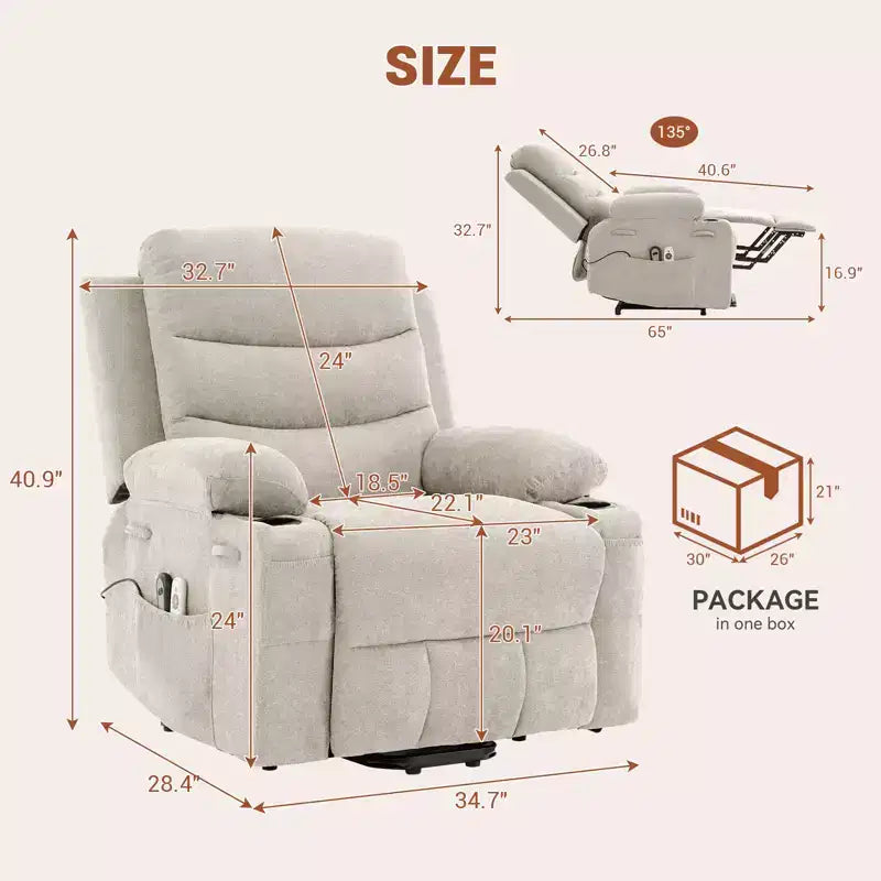 Poltrona Reclinabile Elettrica con Funzione Power Lift, Massaggio e Riscaldamento, per Anziani, con Alzata Assistita, Portabicchieri e Tasca Laterale, per Soggiorno