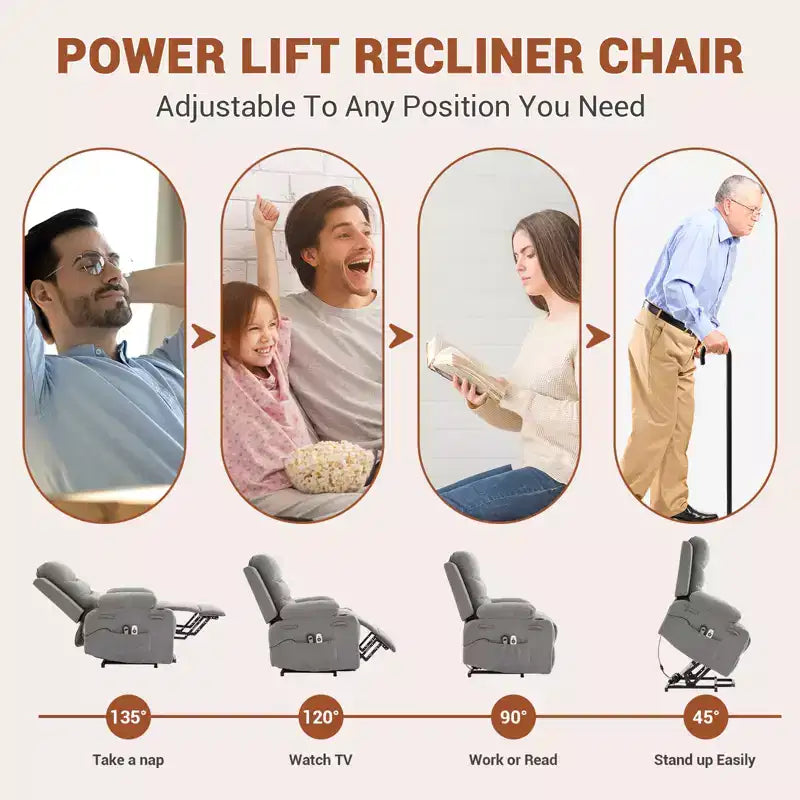 Poltrona Reclinabile Elettrica con Funzione Power Lift, Massaggio e Riscaldamento, per Anziani, con Alzata Assistita, Portabicchieri e Tasca Laterale, per Soggiorno