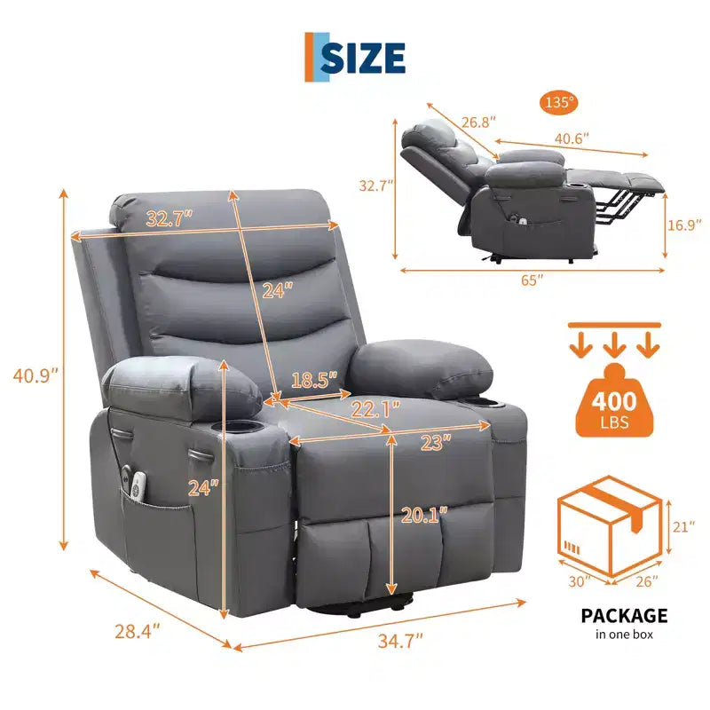 Poltrona Reclinabile Elettrica con Funzione Power Lift, Massaggio e Riscaldamento, per Anziani, con Alzata Assistita, Portabicchieri e Tasca Laterale, per Soggiorno