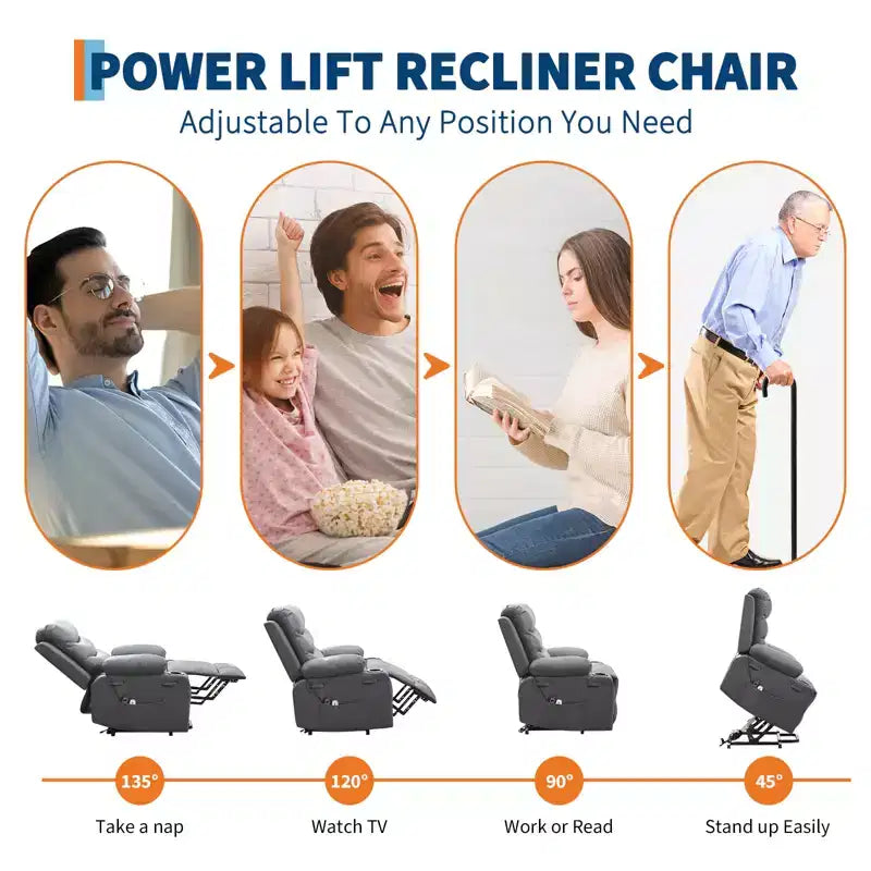 Poltrona Reclinabile Elettrica con Funzione Power Lift, Massaggio e Riscaldamento, per Anziani, con Alzata Assistita, Portabicchieri e Tasca Laterale, per Soggiorno