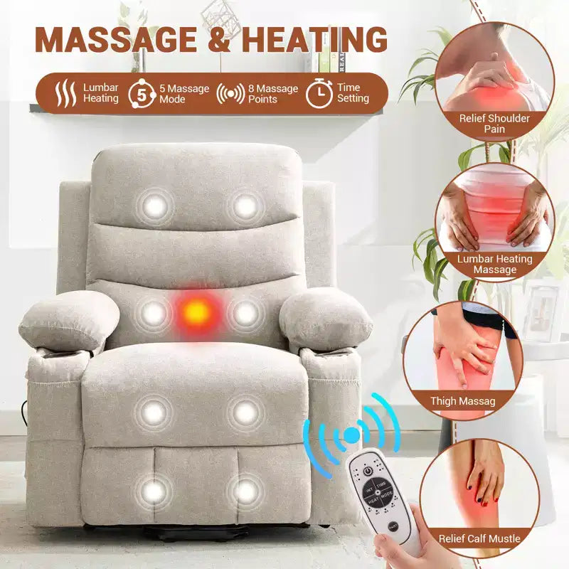 Poltrona Reclinabile Elettrica con Funzione Power Lift, Massaggio e Riscaldamento, per Anziani, con Alzata Assistita, Portabicchieri e Tasca Laterale, per Soggiorno
