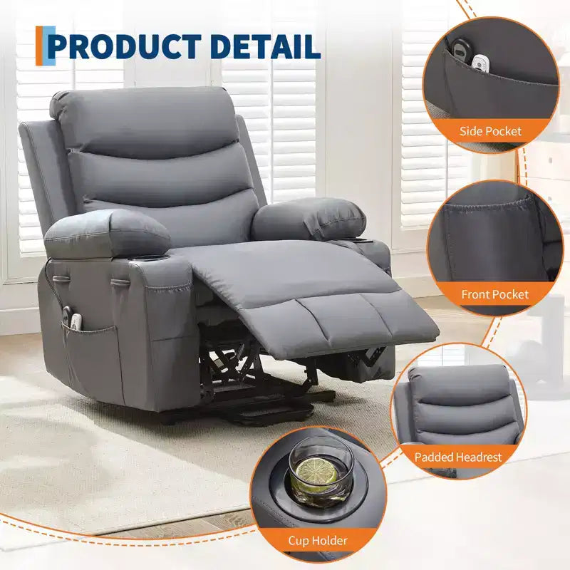 Poltrona Reclinabile Elettrica con Funzione Power Lift, Massaggio e Riscaldamento, per Anziani, con Alzata Assistita, Portabicchieri e Tasca Laterale, per Soggiorno