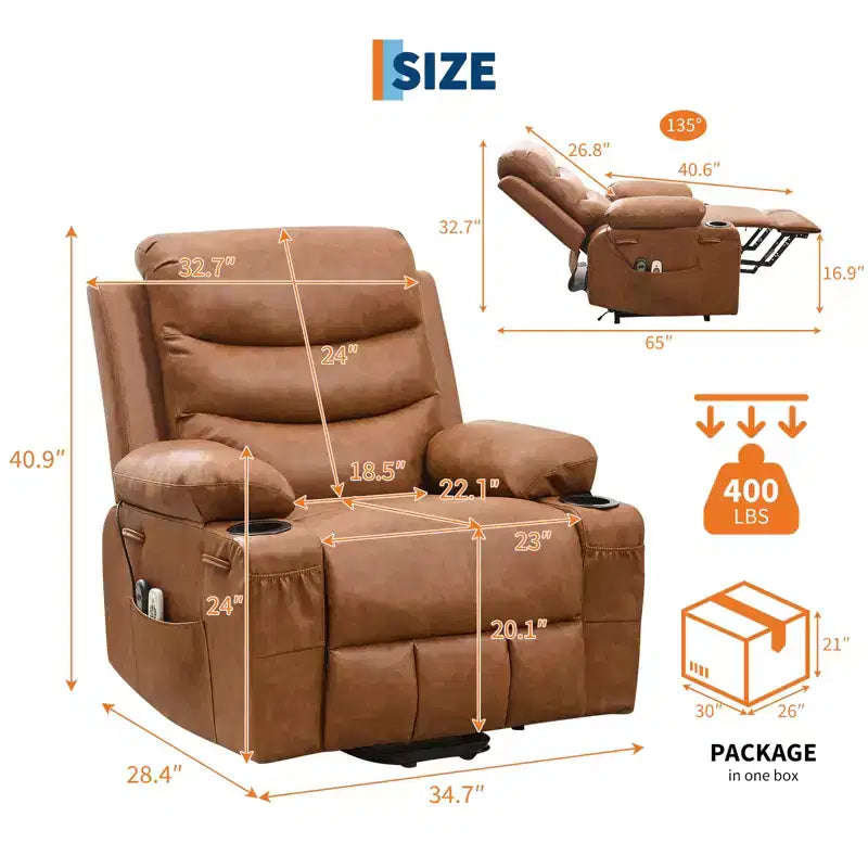 Poltrona Reclinabile Elettrica con Funzione Power Lift, Massaggio e Riscaldamento, per Anziani, con Alzata Assistita, Portabicchieri e Tasca Laterale, per Soggiorno