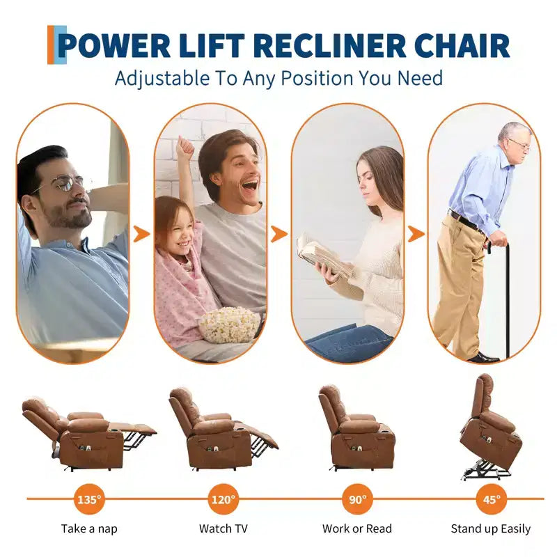Poltrona Reclinabile Elettrica con Funzione Power Lift, Massaggio e Riscaldamento, per Anziani, con Alzata Assistita, Portabicchieri e Tasca Laterale, per Soggiorno