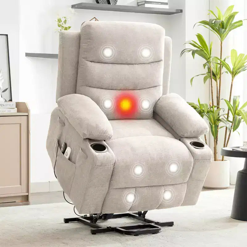 Poltrona Reclinabile Elettrica con Funzione Power Lift, Massaggio e Riscaldamento, per Anziani, con Alzata Assistita, Portabicchieri e Tasca Laterale, per Soggiorno