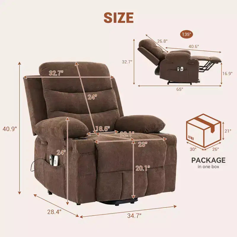 Poltrona Reclinabile Elettrica con Funzione Power Lift, Massaggio e Riscaldamento, per Anziani, con Alzata Assistita, Portabicchieri e Tasca Laterale, per Soggiorno