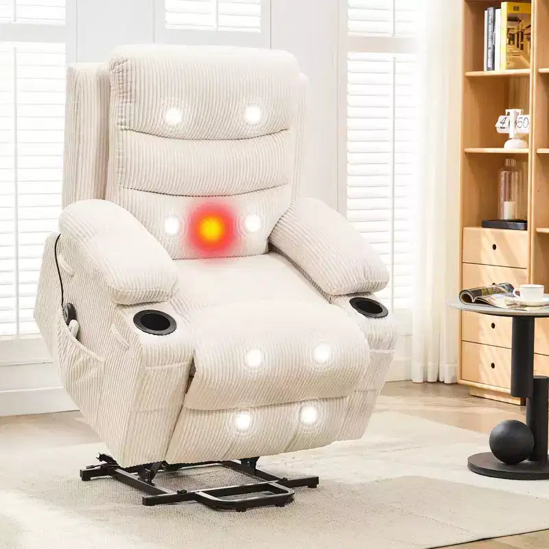 Poltrona Reclinabile Elettrica con Funzione Power Lift, Massaggio e Riscaldamento, per Anziani, con Alzata Assistita, Portabicchieri e Tasca Laterale, per Soggiorno