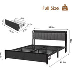 Struttura letto a piattaforma Full/Queen/King size con cassetti contenitore, stazione di ricarica e testiera alta imbottita, doghe in metallo, nessun box spring necessario, nero