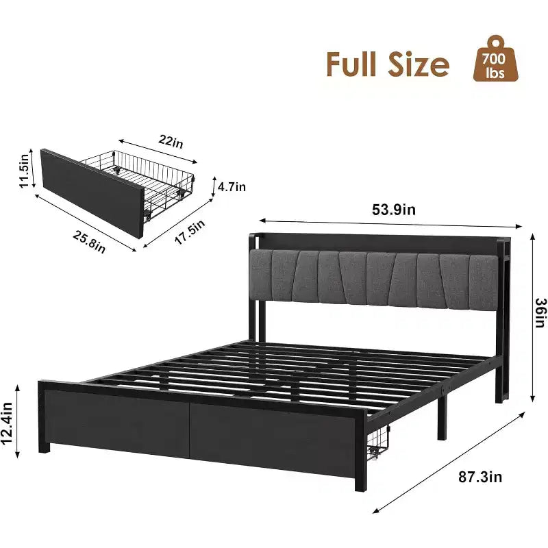 Struttura letto a piattaforma Full/Queen/King size con cassetti contenitore, stazione di ricarica e testiera alta imbottita, doghe in metallo, nessun box spring necessario, nero