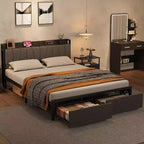 Struttura letto a piattaforma Full/Queen/King size con cassetti contenitore, stazione di ricarica e testiera alta imbottita, doghe in metallo, nessun box spring necessario, nero