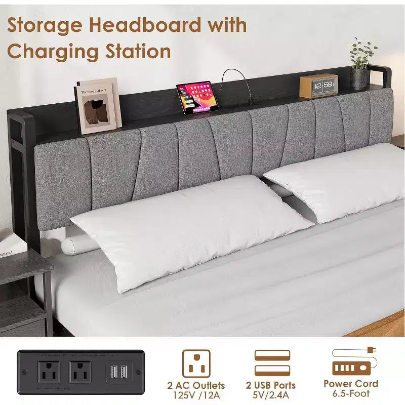 Struttura letto a piattaforma Full/Queen/King size con cassetti contenitore, stazione di ricarica e testiera alta imbottita, doghe in metallo, nessun box spring necessario, nero