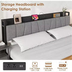 Struttura letto a piattaforma Full/Queen/King size con cassetti contenitore, stazione di ricarica e testiera alta imbottita, doghe in metallo, nessun box spring necessario, nero
