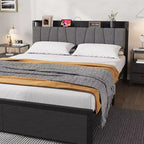 Struttura letto a piattaforma Full/Queen/King size con cassetti contenitore, stazione di ricarica e testiera alta imbottita, doghe in metallo, nessun box spring necessario, nero