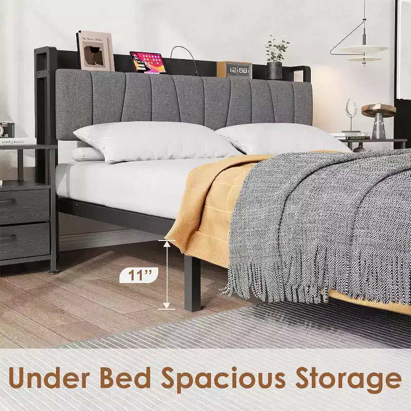 Struttura letto a piattaforma Full/Queen/King size con cassetti contenitore, stazione di ricarica e testiera alta imbottita, doghe in metallo, nessun box spring necessario, nero