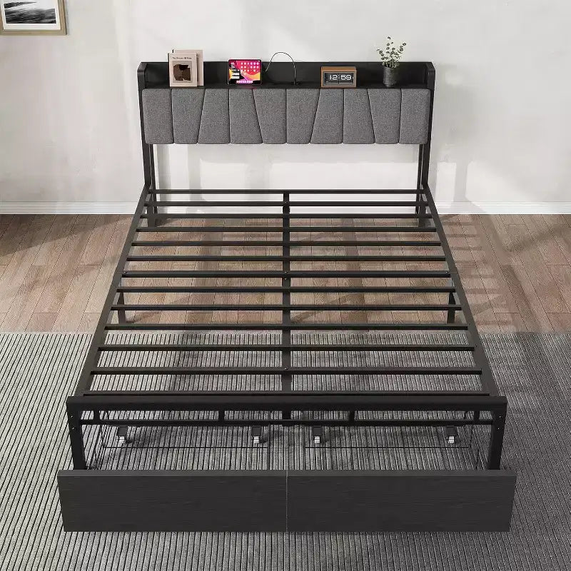 Struttura letto a piattaforma Full/Queen/King size con cassetti contenitore, stazione di ricarica e testiera alta imbottita, doghe in metallo, nessun box spring necessario, nero