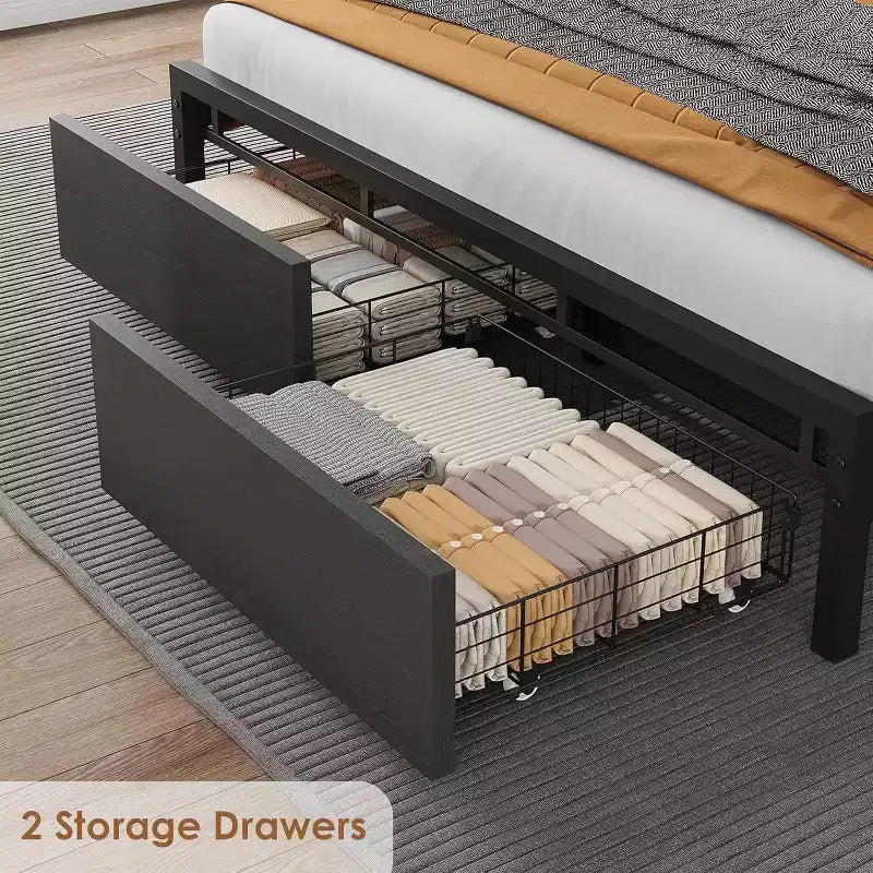 Struttura letto a piattaforma Full/Queen/King size con cassetti contenitore, stazione di ricarica e testiera alta imbottita, doghe in metallo, nessun box spring necessario, nero