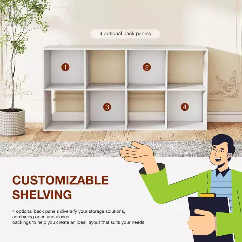 Organizer a 8 cubi con pannelli posteriori rimovibili, libreria aperta extra-lunga e robusta da 121 cm, scaffale multiuso