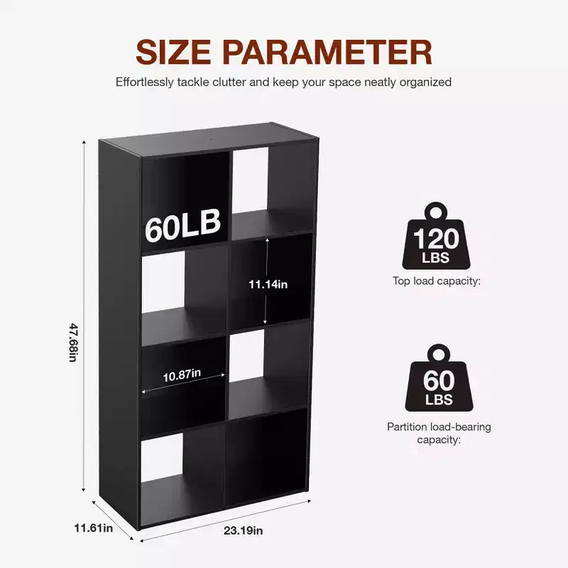 Organizer a 8 cubi con pannelli posteriori rimovibili, libreria aperta extra-lunga e robusta da 121 cm, scaffale multiuso