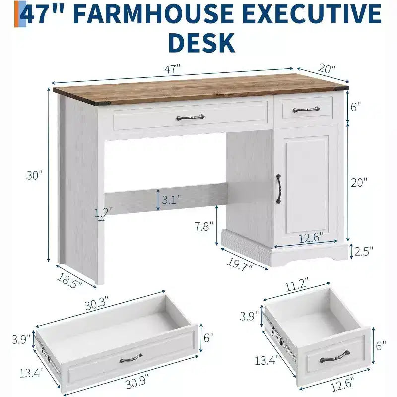 Scrivania da 47" per fattoria con cassetti e mobile contenitore, scrivania rustica per computer da casa o ufficio, bianco antico