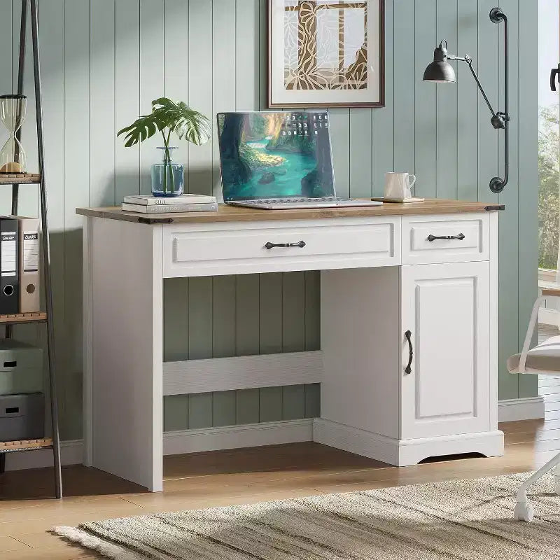 Scrivania da 47" per fattoria con cassetti e mobile contenitore, scrivania rustica per computer da casa o ufficio, bianco antico