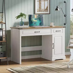 Scrivania da 47" per fattoria con cassetti e mobile contenitore, scrivania rustica per computer da casa o ufficio, bianco antico