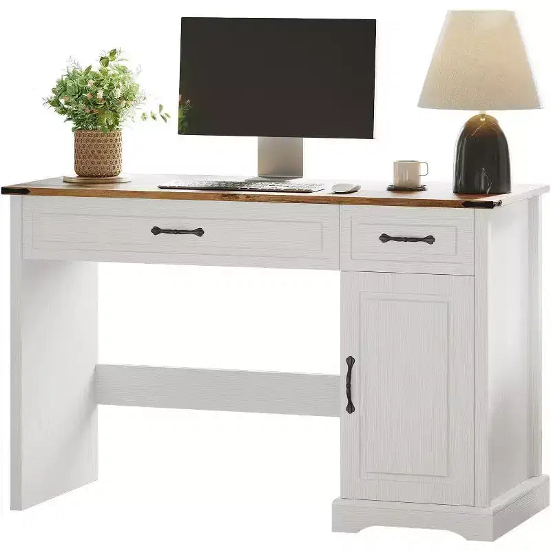 Scrivania da 47" per fattoria con cassetti e mobile contenitore, scrivania rustica per computer da casa o ufficio, bianco antico
