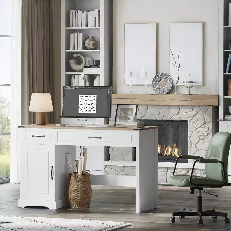 Scrivania da 47" per fattoria con cassetti e mobile contenitore, scrivania rustica per computer da casa o ufficio, bianco antico