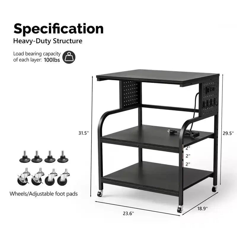 Mobiletto Stampante a 3 Ripiani con Ruote e Ciabatta P2 Truciolare Nero Goffrato 60x48x80 cm