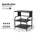 Mobiletto Stampante a 3 Ripiani con Ruote e Ciabatta P2 Truciolare Nero Goffrato 60x48x80 cm