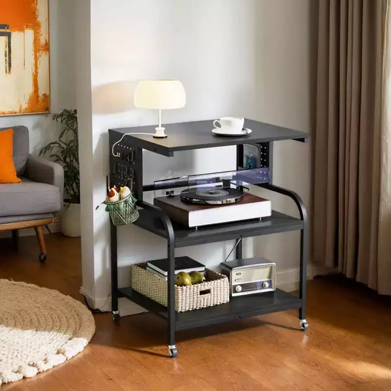 Mobiletto Stampante a 3 Ripiani con Ruote e Ciabatta P2 Truciolare Nero Goffrato 60x48x80 cm